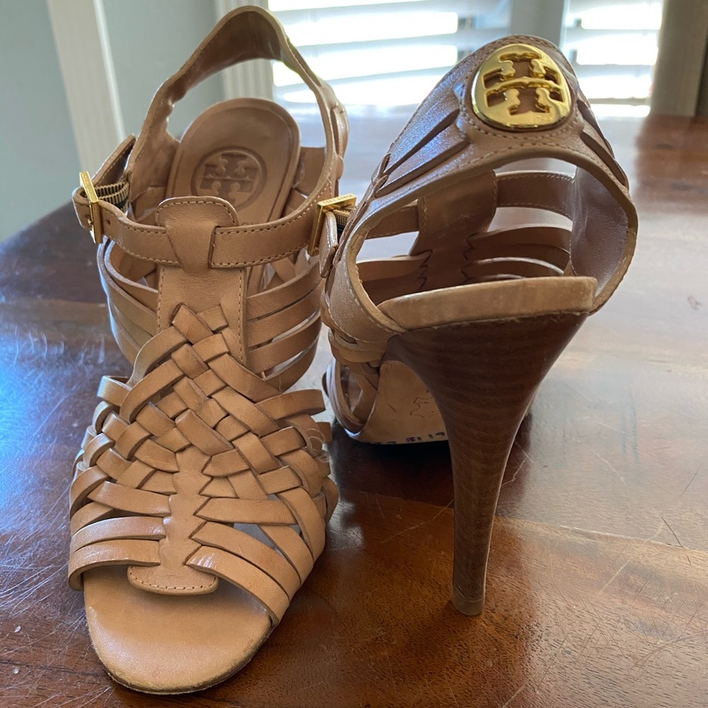 Tory Burch Nadia tan weave heels
